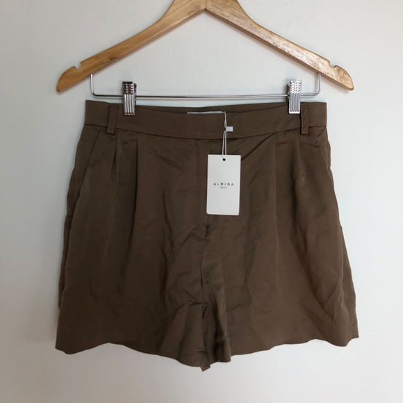 Almina Concept High Waisted Pleated Olive Khakhi Shorts Tencel Blend Size 6 - Picture 3 of 9